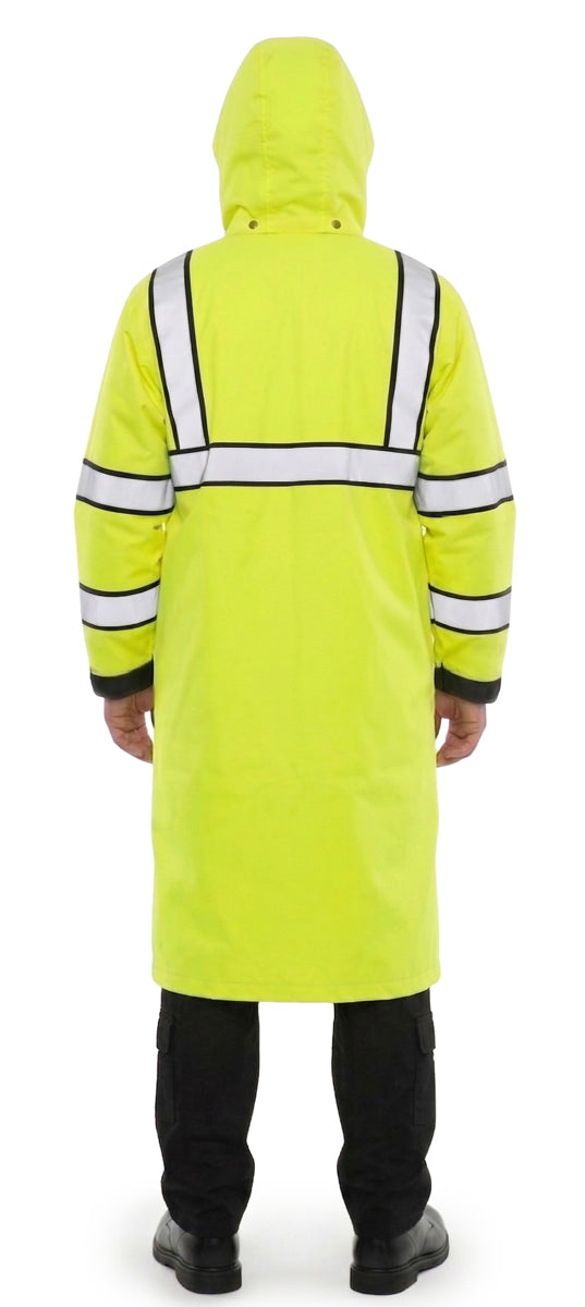 Long Hi-Vis Duty Raincoat with Reflective Stripes & Removable Hood (Non-Reversible)