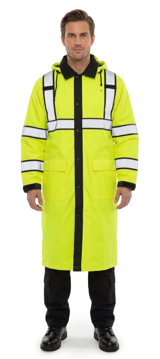 Long Hi-Vis Duty Raincoat with Reflective Stripes & Removable Hood (Non-Reversible)