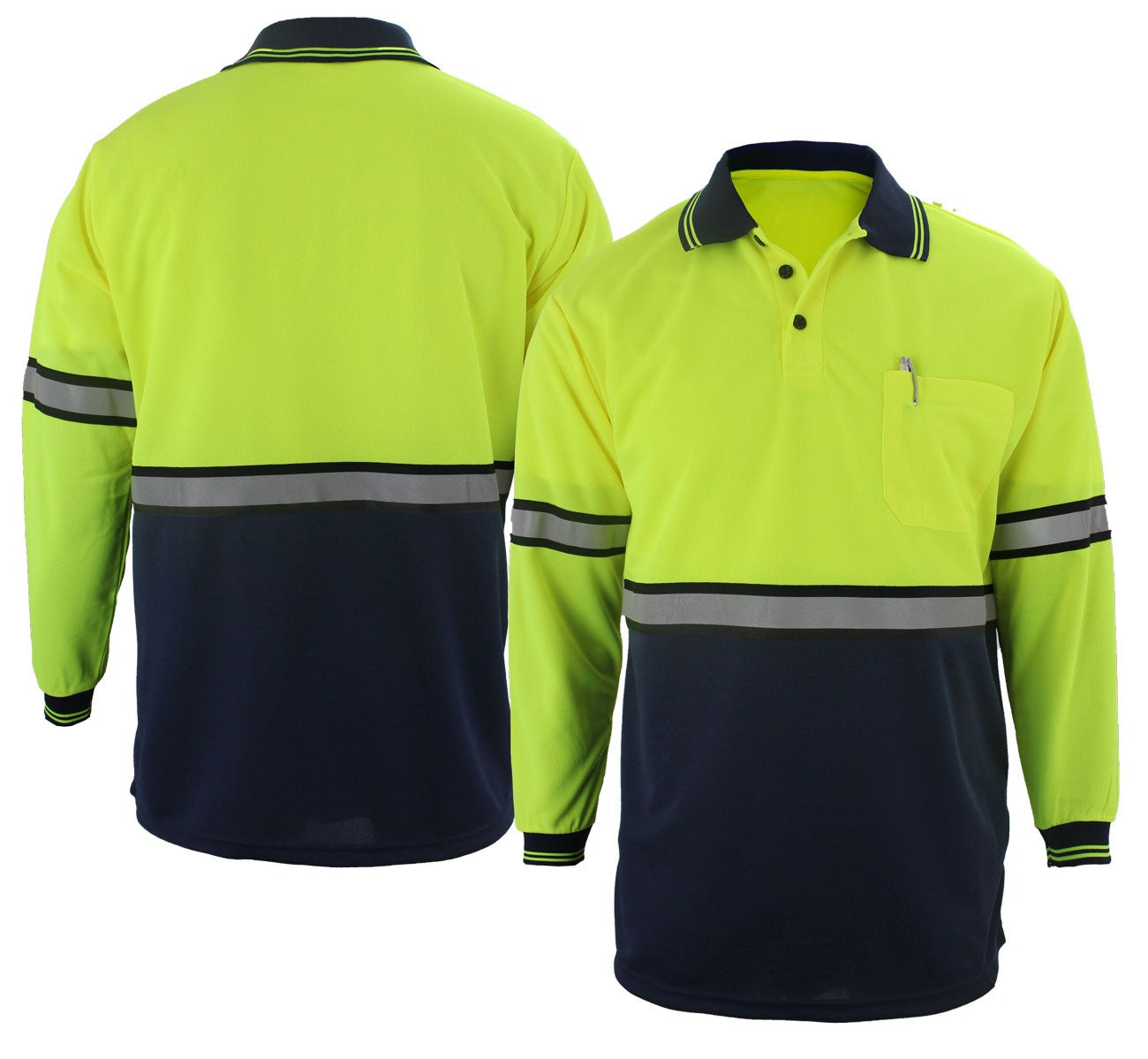 TWO TONE POLYESTER POLO SHIRT WITH REFLECTIVE STRIPES LONG SLEEVE (LIME YELLOW/NAVY BLUE)