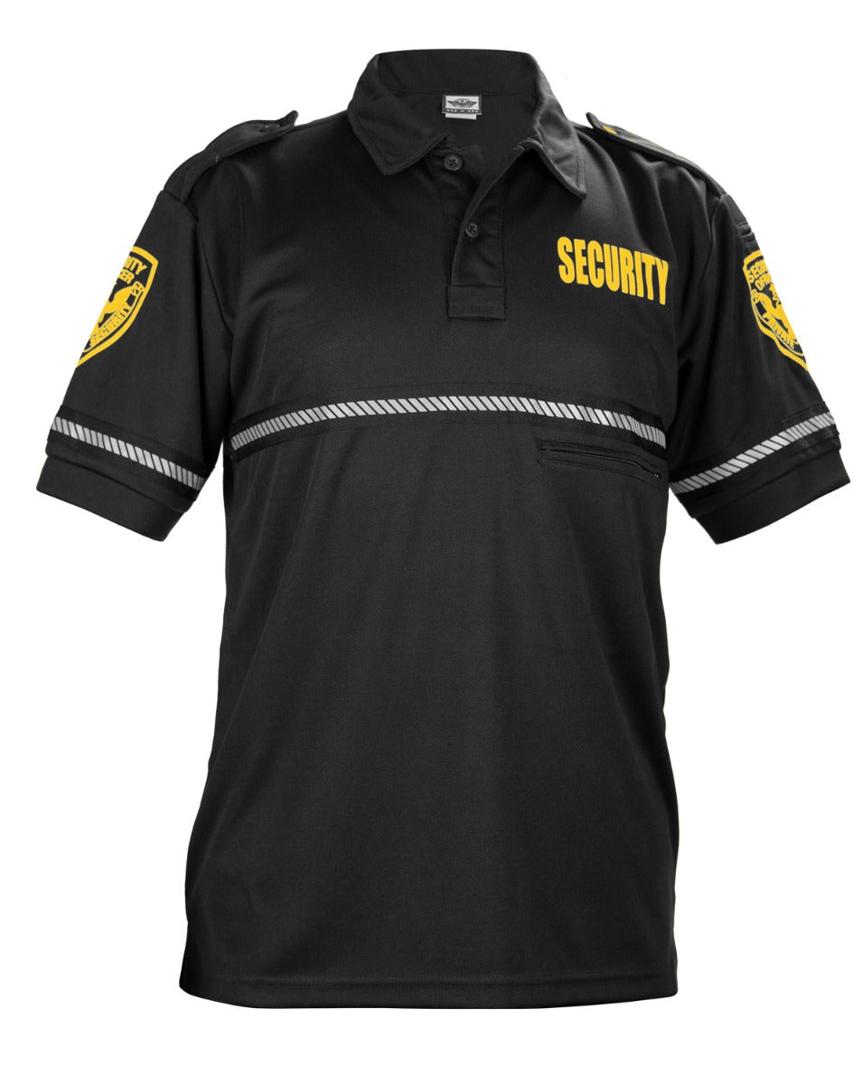 First Class Security and Patch Bike Patrol Polo Shirt with Zipper Pocket and Reflective Hash Stripes