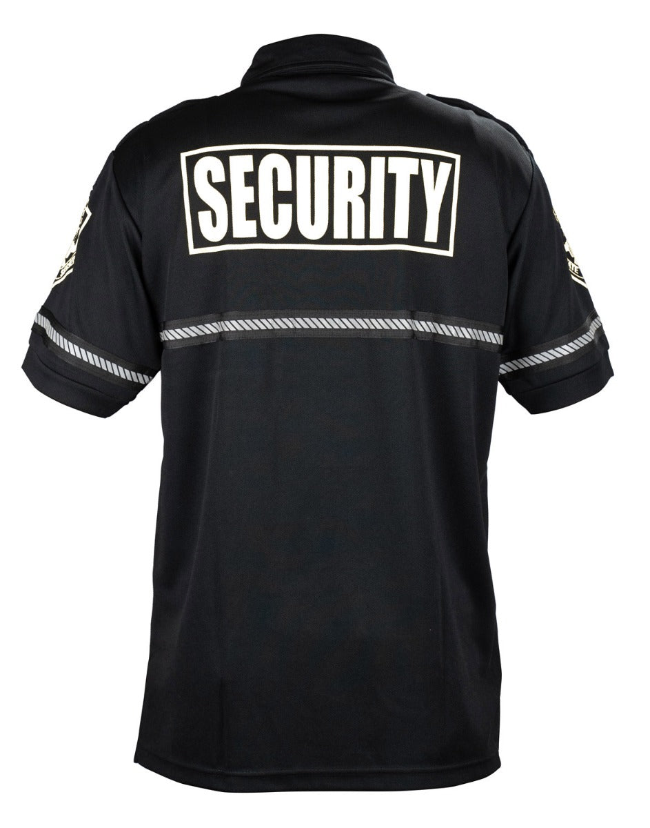 First Class Security Badge and Patch Bike Patrol Polo Shirt with Zipper Pocket and Reflective Hash Stripes
